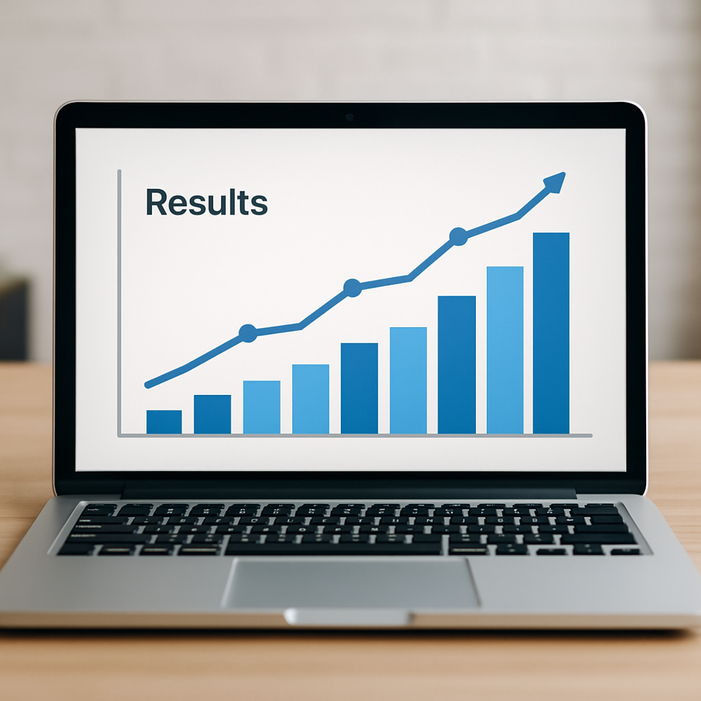 Upward trending results graph on a laptop screen showing business growth — symbolizing successful Google Ads management results.