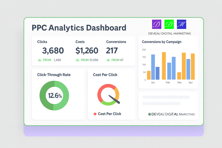 PPC analytics dashboard showing clicks, costs, conversions, and campaign performance for digital advertising optimization.