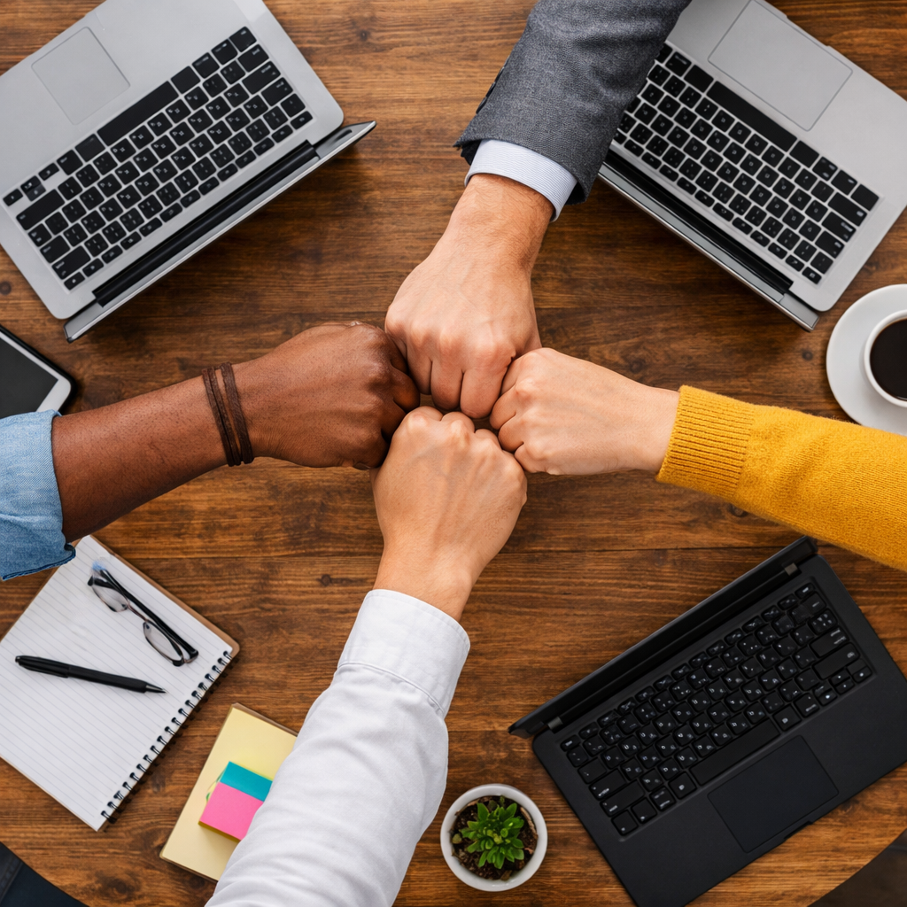 Top-down view of a diverse team fist bumping over a round table with laptops, representing collaboration and digital marketing teamwork.