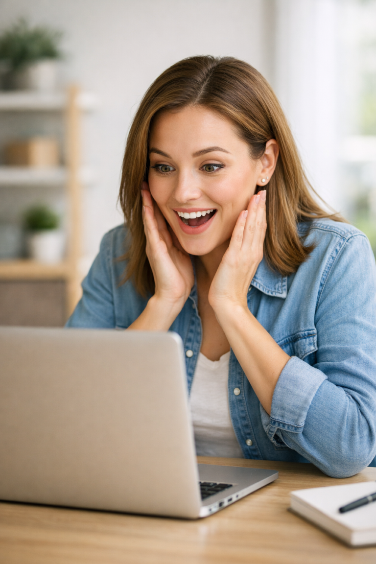 Happy woman looking pleasantly surprised while working on a laptop in a modern home office.
