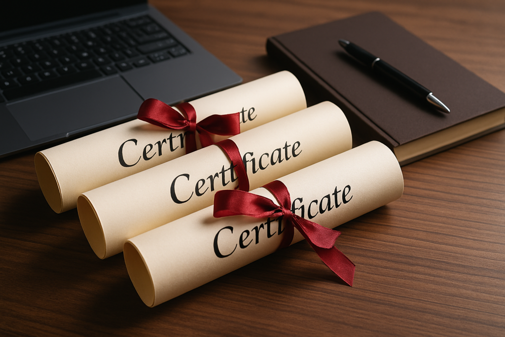 Rolled certificates tied with red ribbons on a desk beside a laptop and notebook, representing professional certifications and credentials.