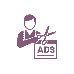 Illustration of a digital marketer cutting online advertising costs, represented by scissors cutting an ‘Ads’ label.”