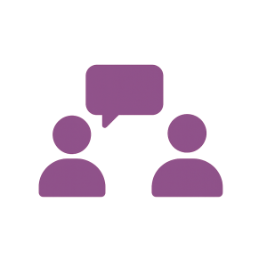 Abstract illustration of two people icons with a speech bubble between them, representing communication or consultation.