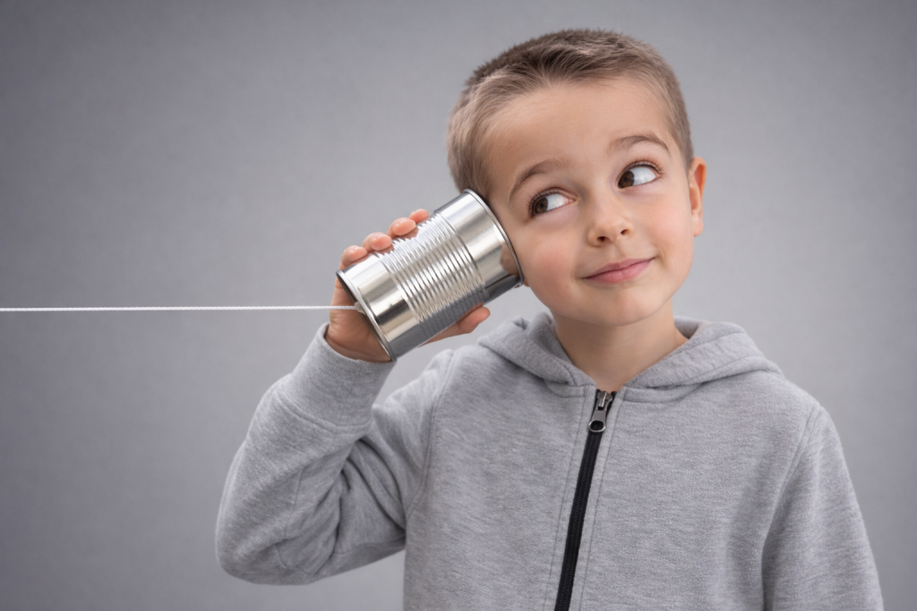 A young boy listening through a tin can telephone, holding the can to his ear as the string stretches out of frame.