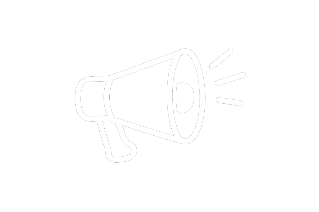 Minimalist white outline megaphone icon representing announcements or marketing communication.