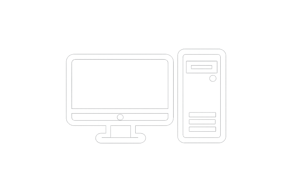 Minimal white outline icon of a desktop computer with a monitor and tower.