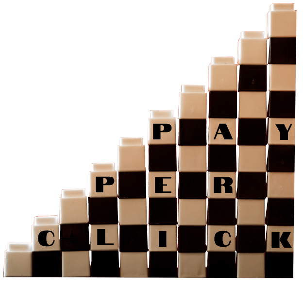 Stacked blocks forming an upward trend with the words “Pay Per Click,” representing growth in PPC advertising performance.