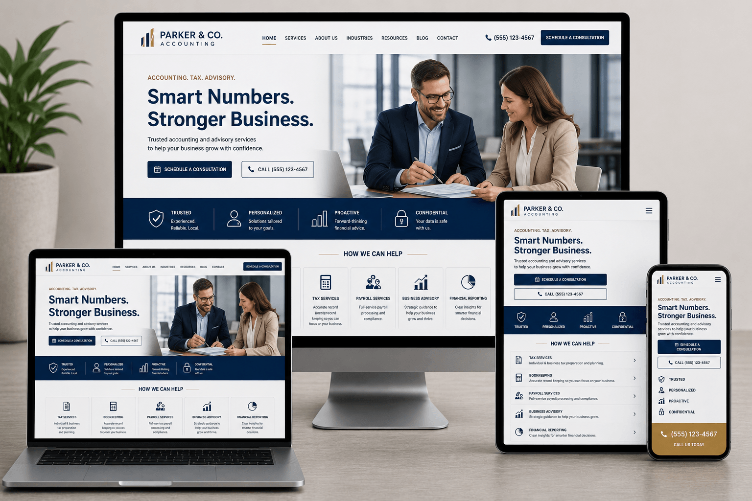 Responsive accounting firm website displayed across desktop, laptop, tablet, and smartphone devices with a modern blue and white corporate design.
