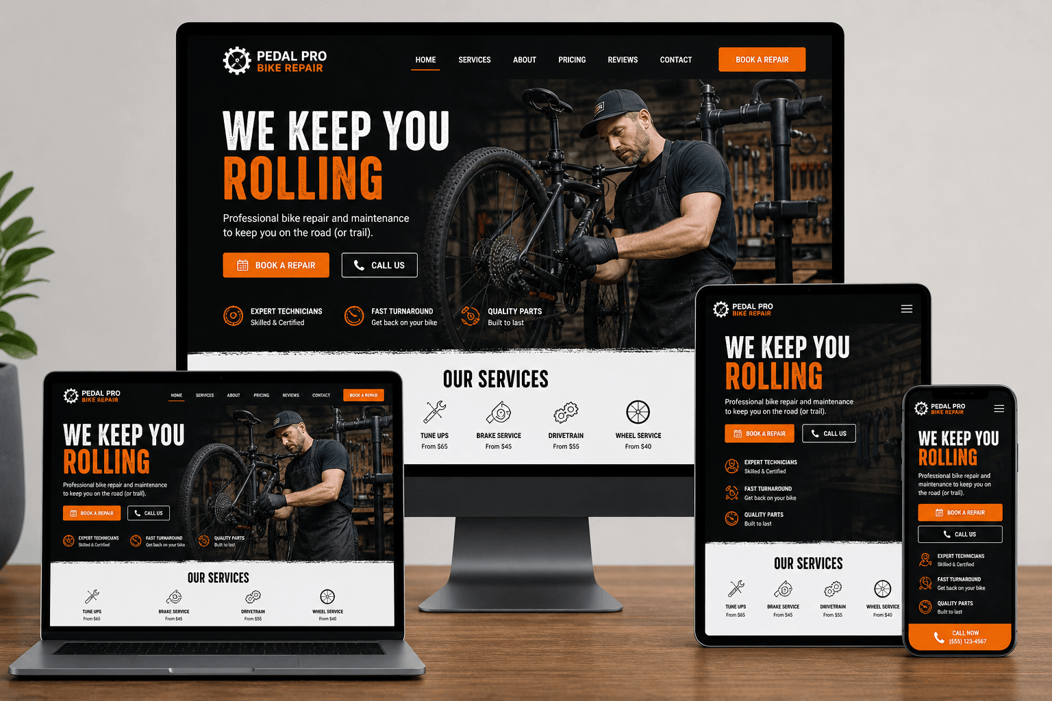 Responsive bike repair shop website displayed on desktop, laptop, tablet, and mobile devices