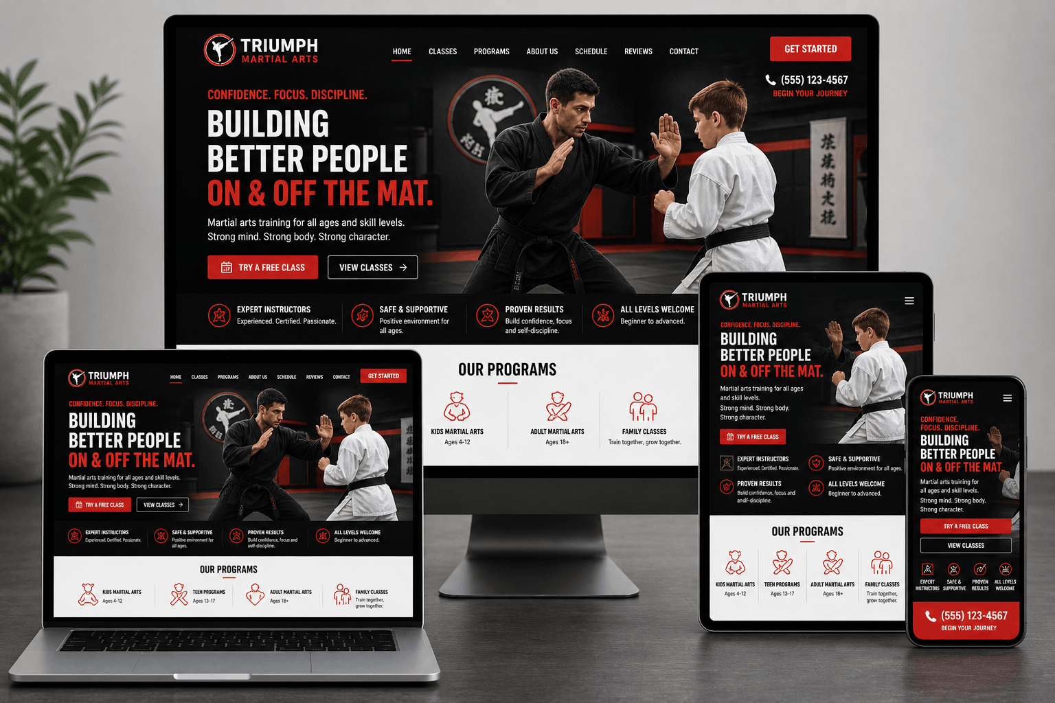 Responsive martial arts studio website displayed on desktop, laptop, tablet, and mobile devices