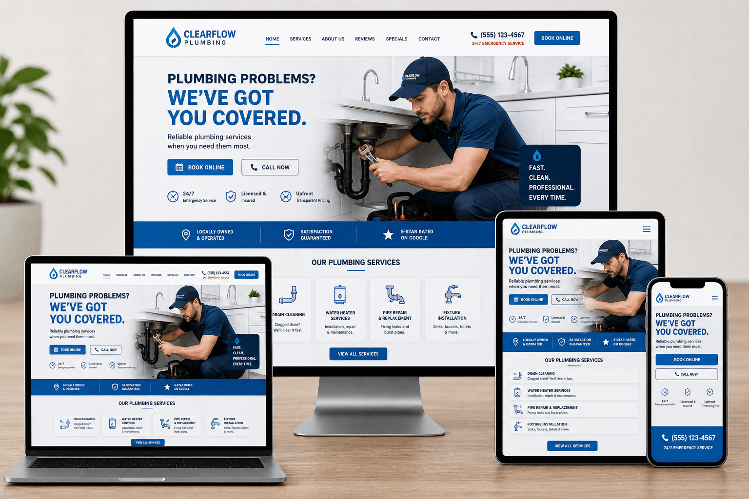 Responsive plumbing website design displayed on desktop, laptop, tablet, and mobile devices