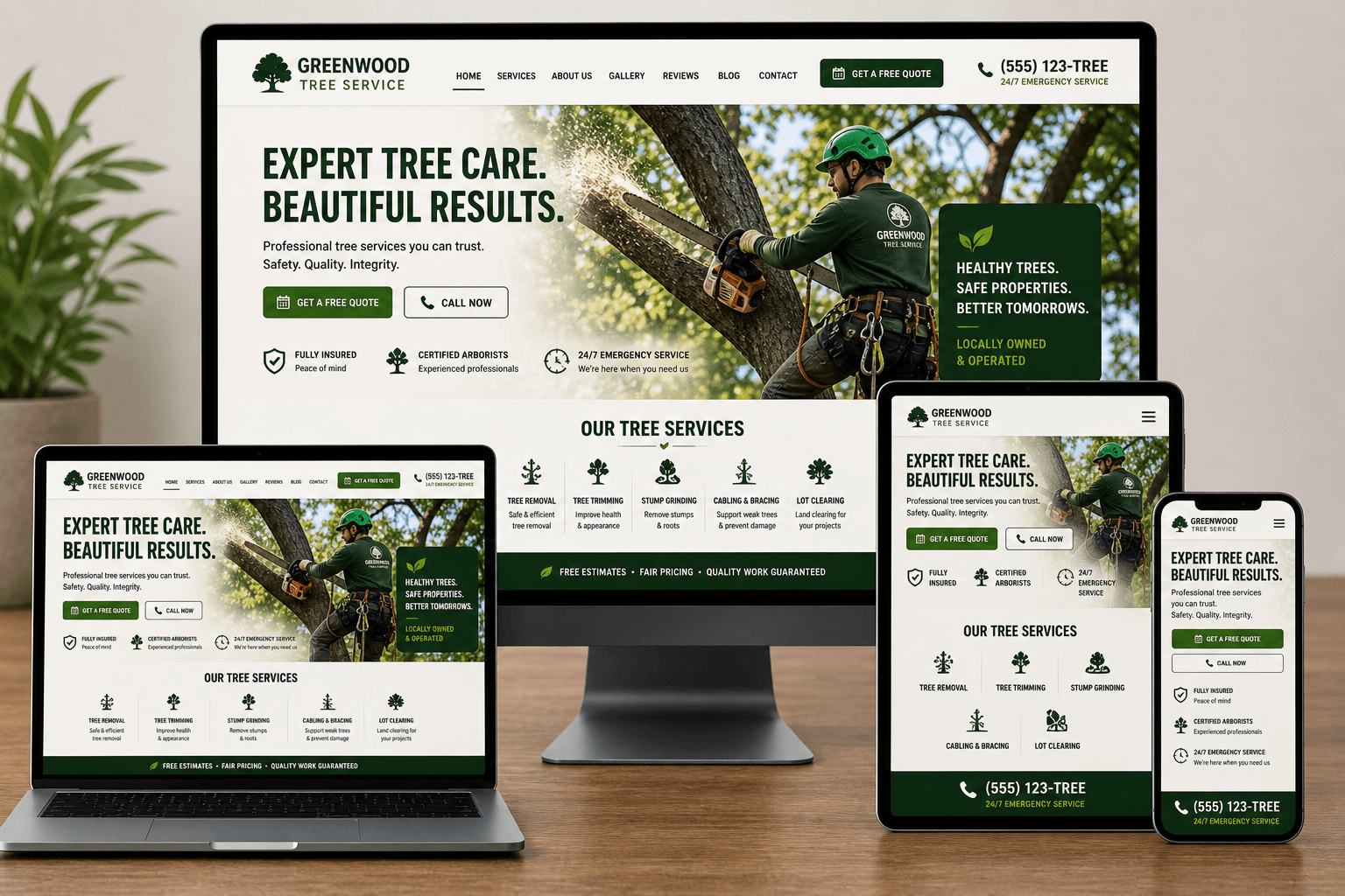 Responsive tree service website design displayed on desktop, laptop, tablet, and mobile devices
